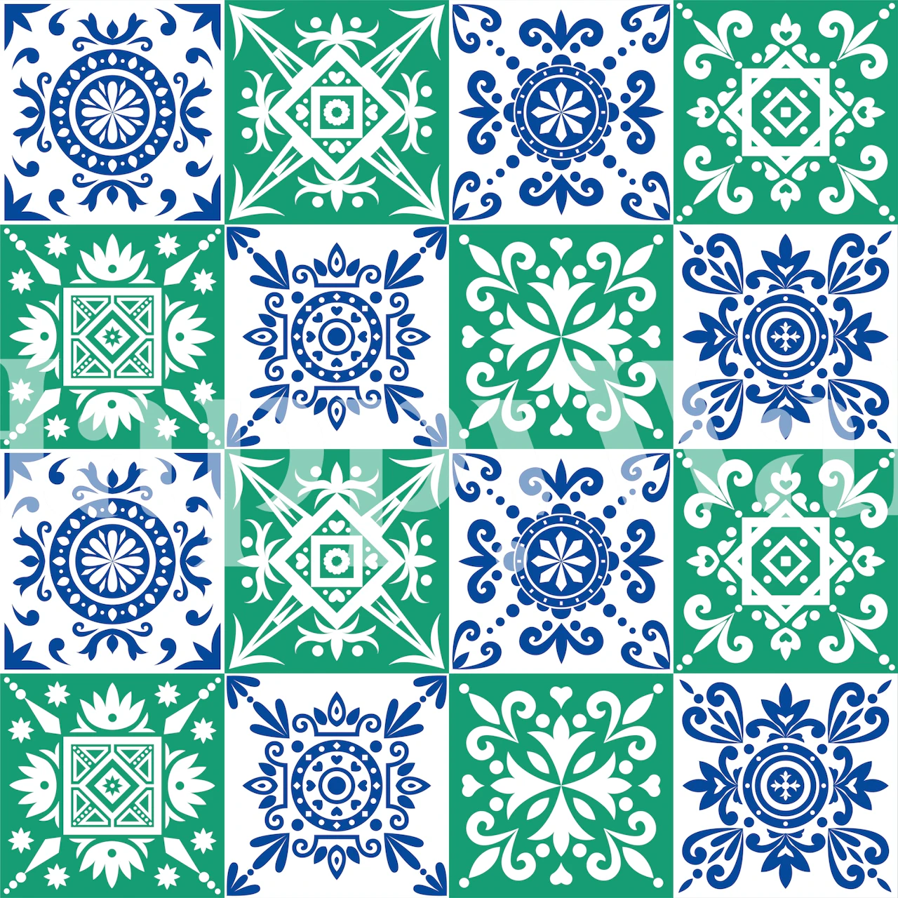Decorative tile pattern wallpaper with green and blue designs