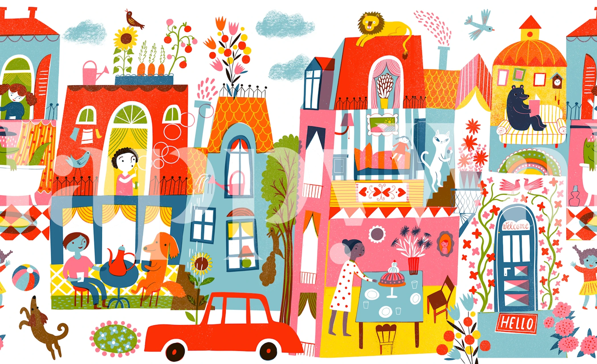 Colorful illustration of whimsical houses with pets and flowers wallpaper