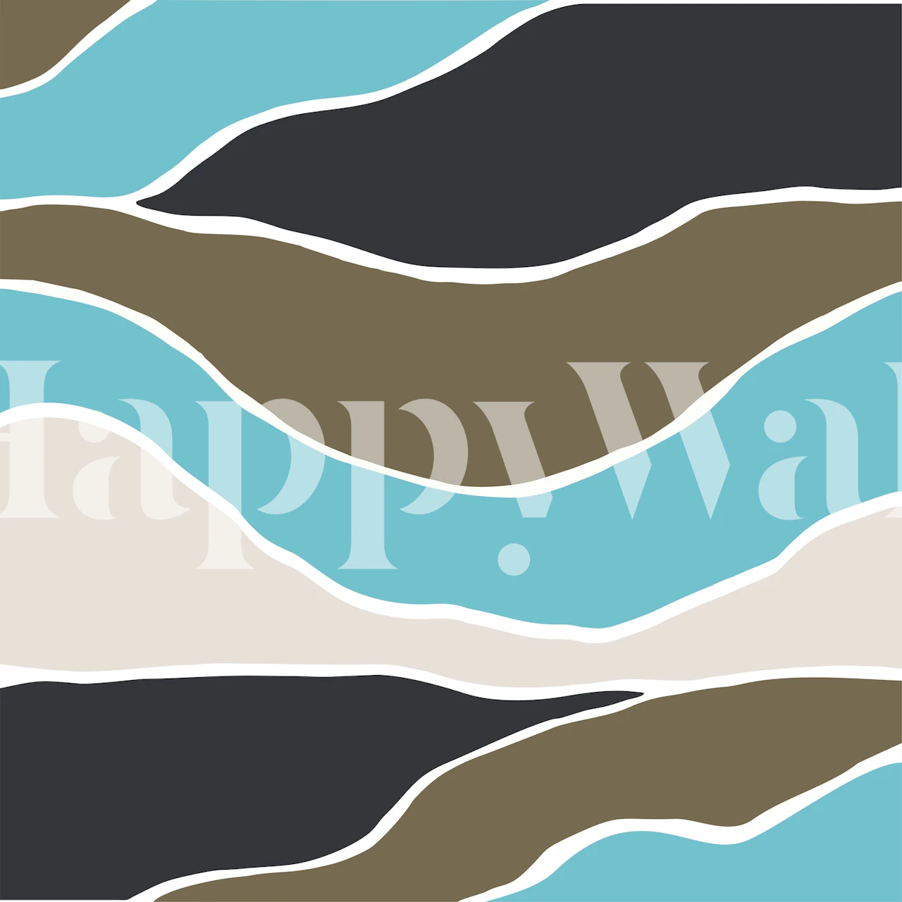 Colorful abstract waves in blues, browns, and cream wallpaper