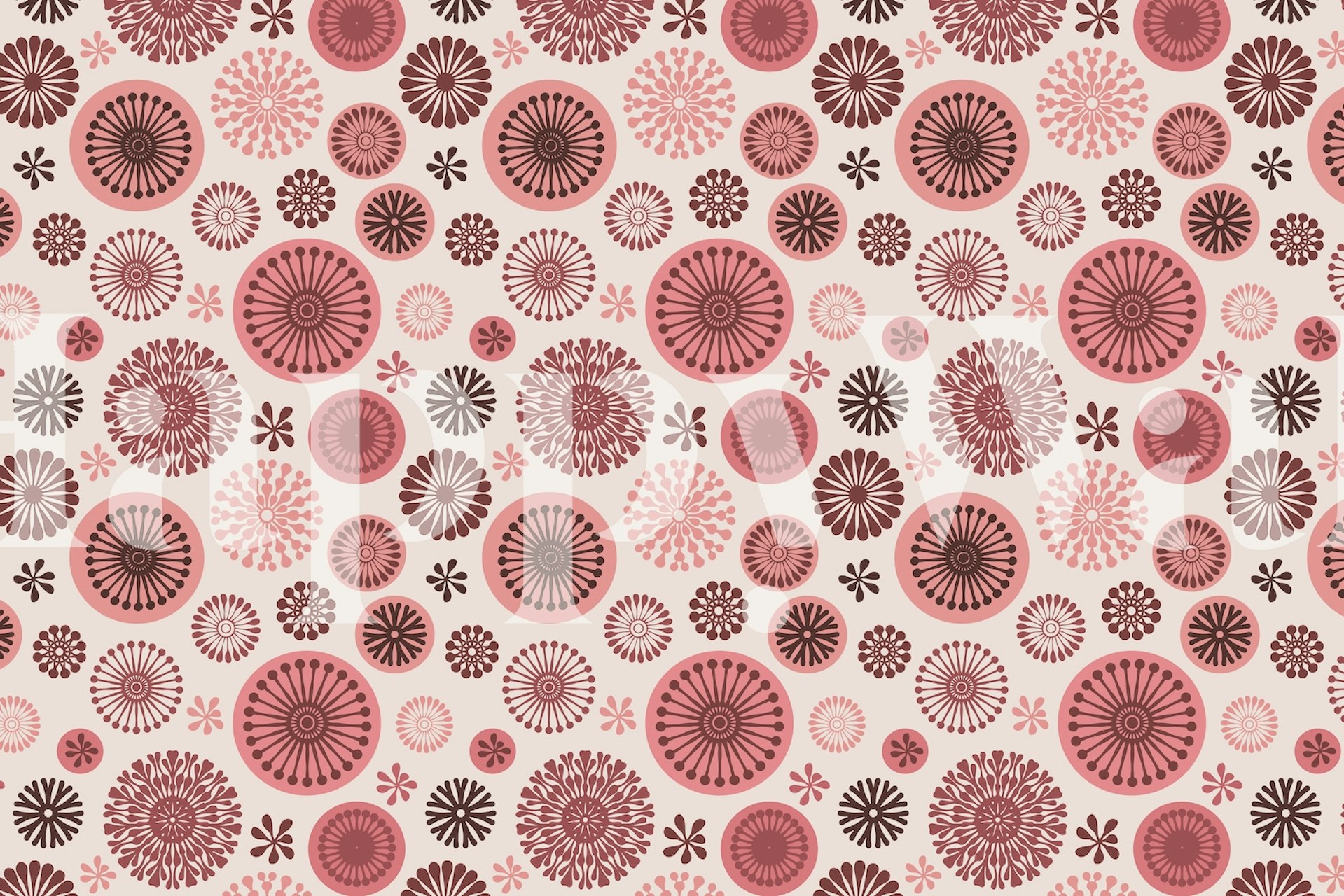 Pink stylized flowers and circles with black accents wallpaper