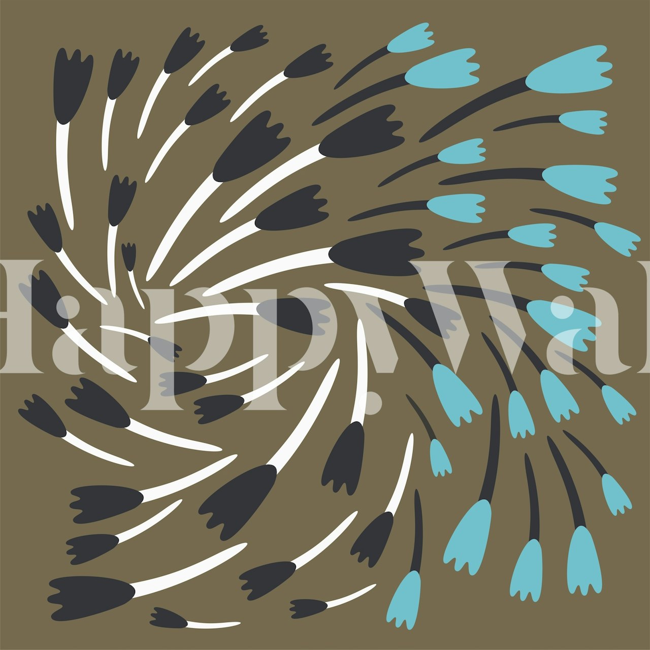 Stylized taupe, black, and blue tulip bouquet wall mural