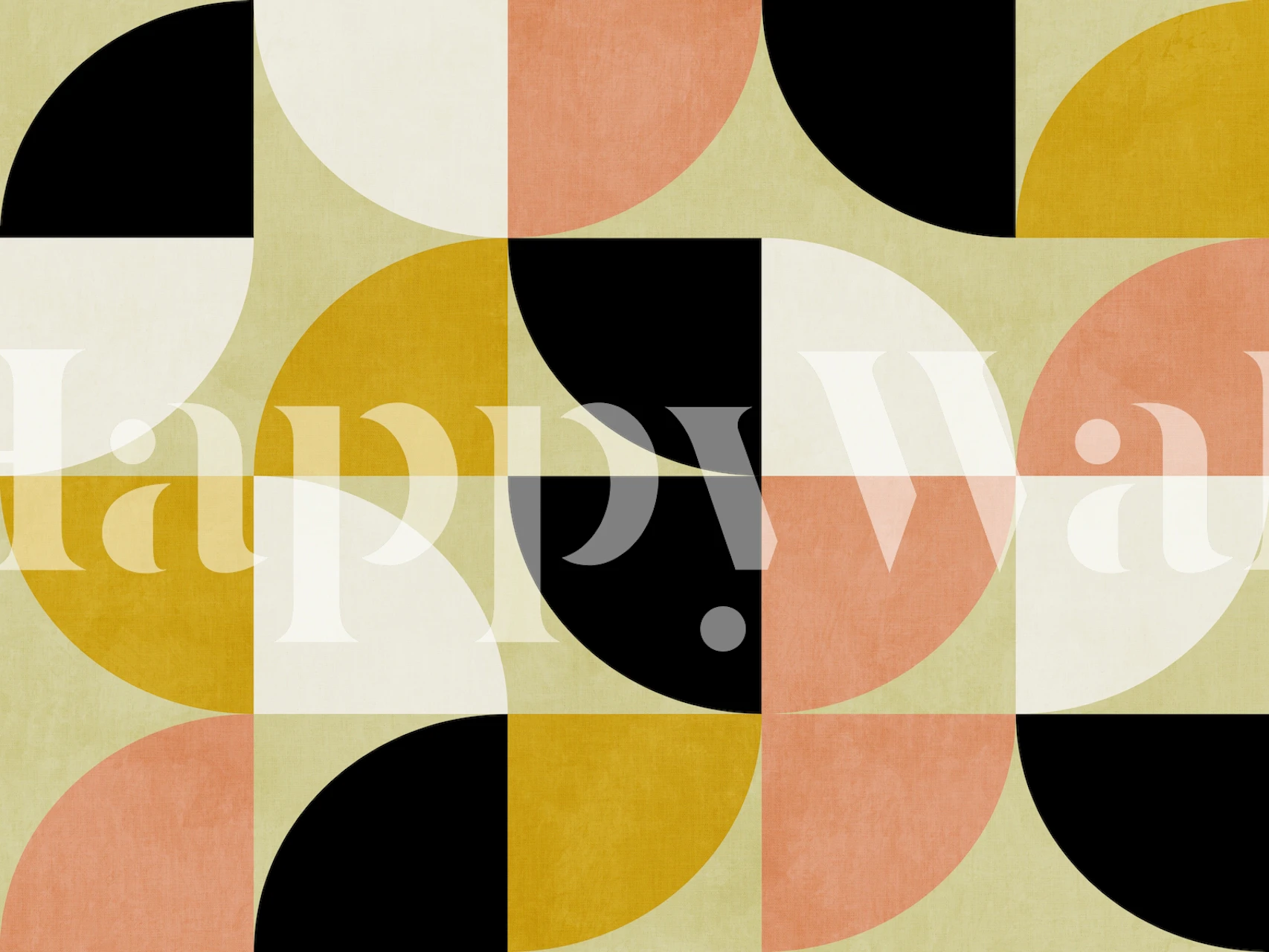 Geometrisk Bauhaus-inspireret abstrakt vægmaleri med cirkler og firkanter i bløde farver af sort, hvid, sennep og blush.