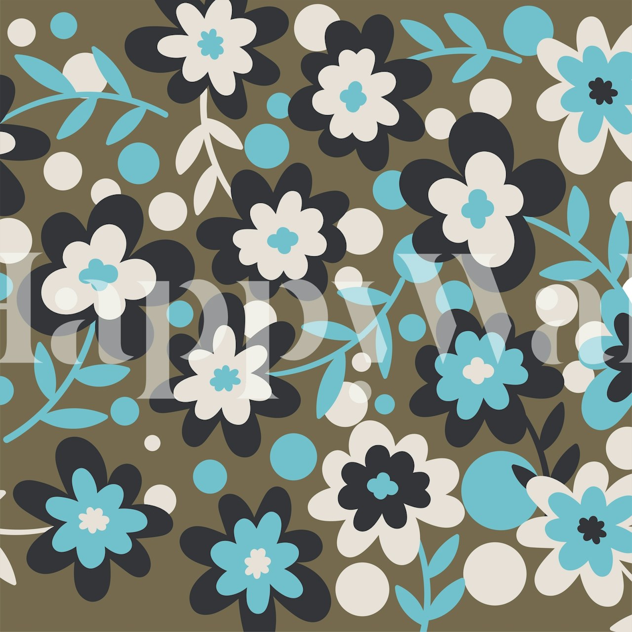 Papier peint mural de fleurs géantes avec motif floral bleu sarcelle et blanc sur fond sombre