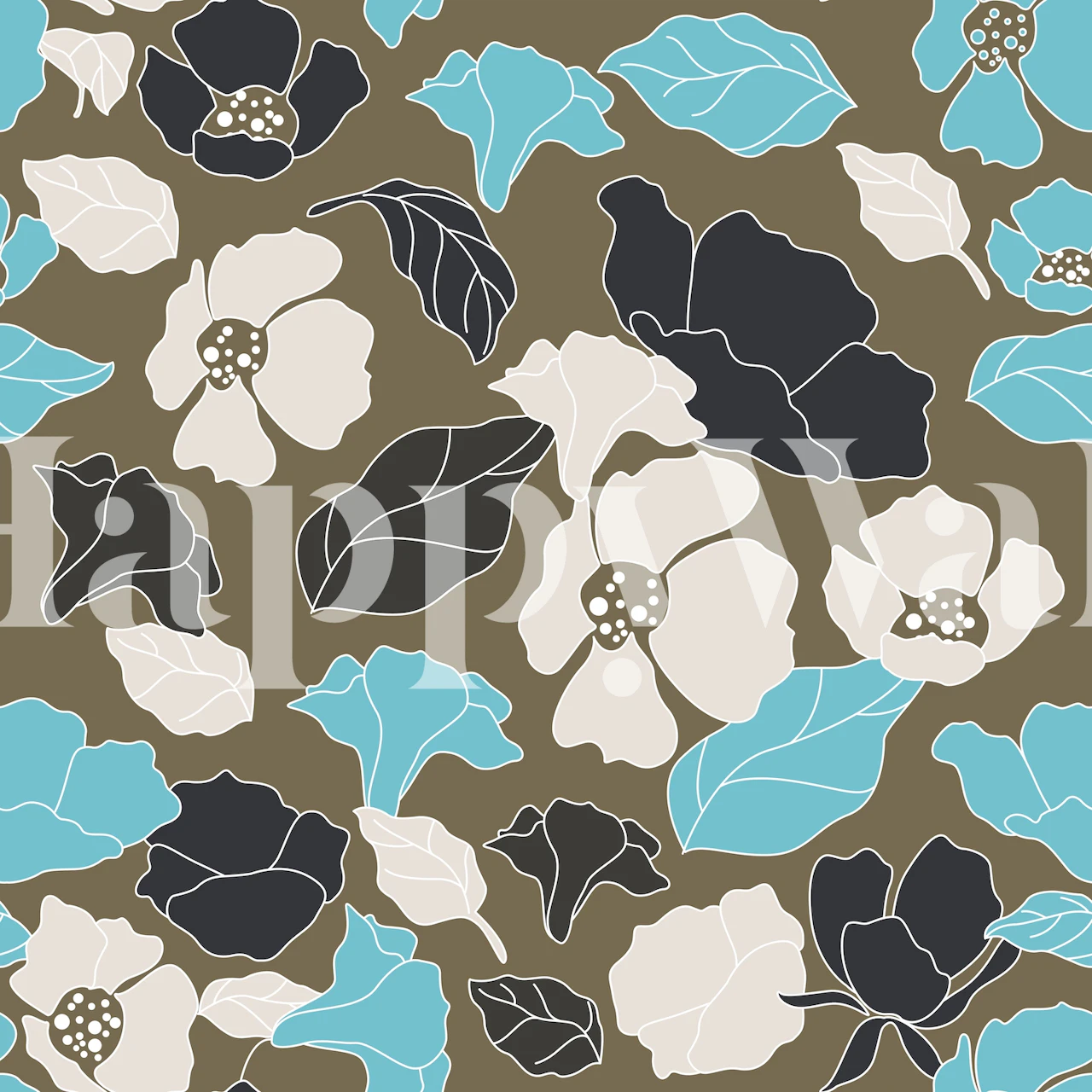 Taupe Brown Poppy Leaves tapetti esillä huoneessa