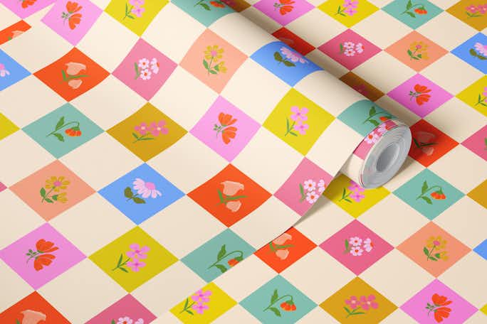 Checkered Floral Patternwallpaper roll