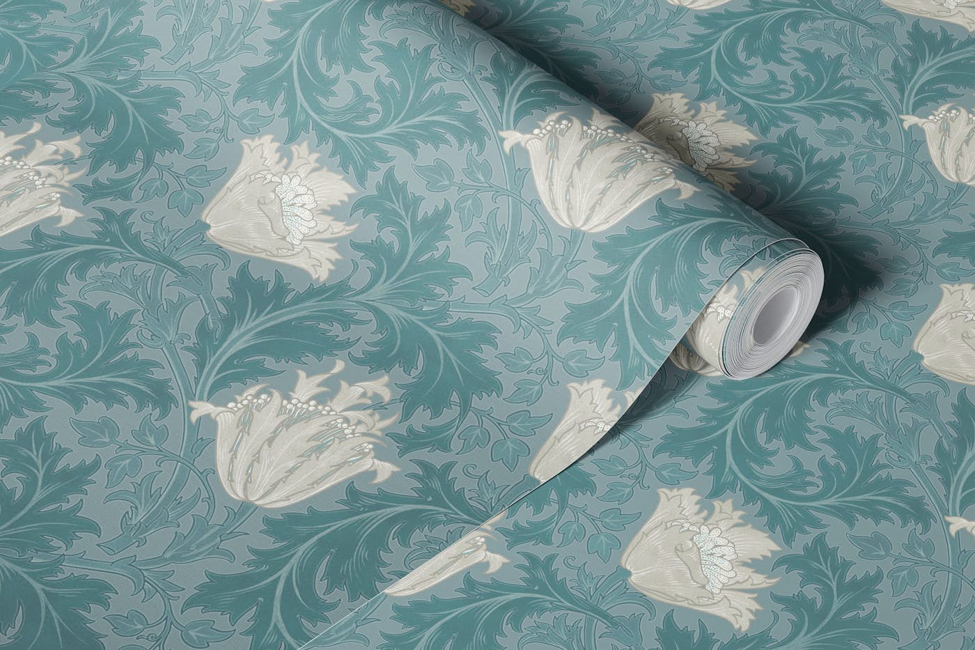 William Morris ANEMONE in teal blue grey wallpaper roll