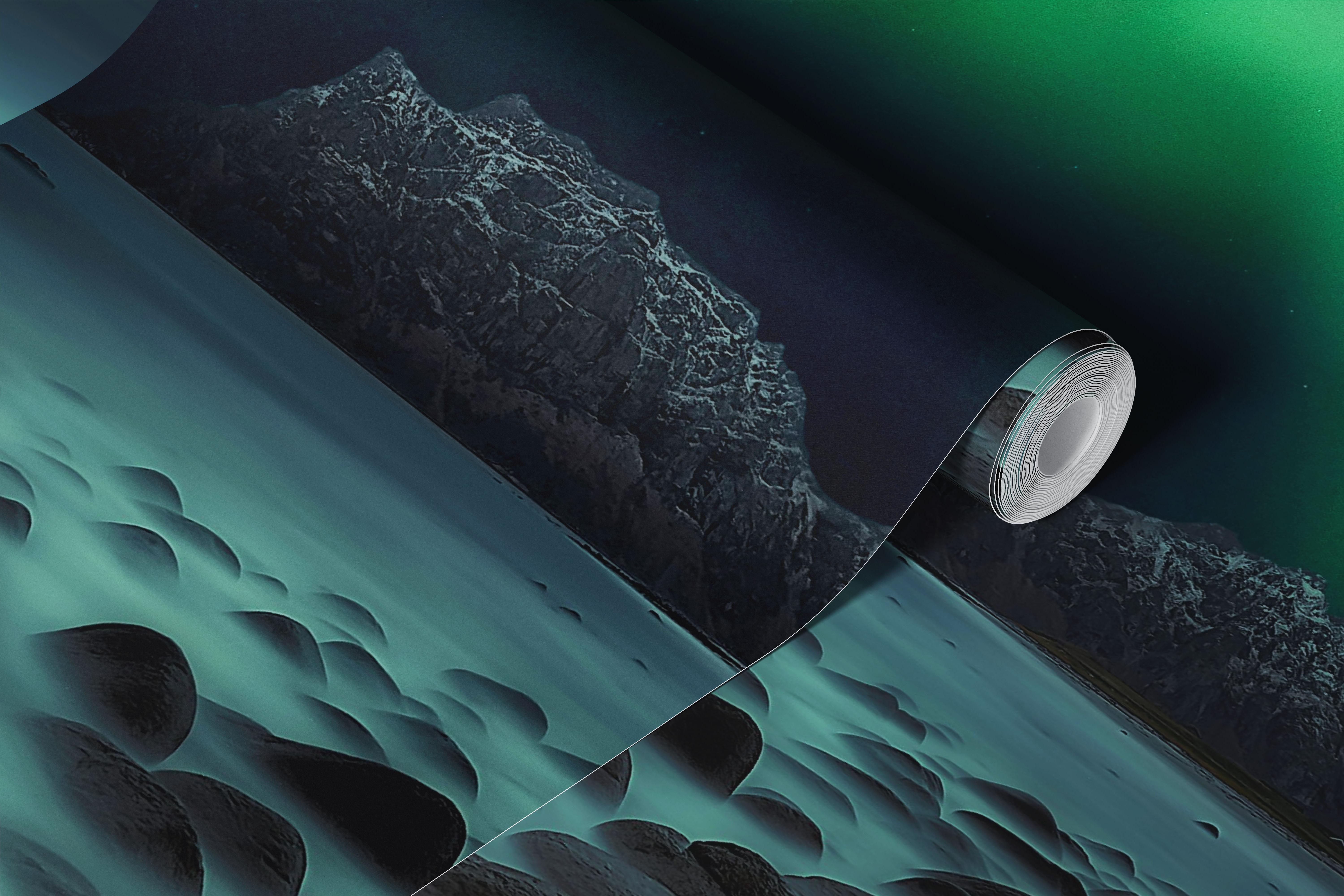 Northern lights wallpaper in a dark coastal room