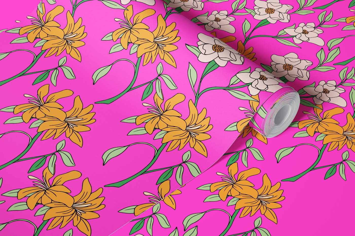 Rose Orange Floral Stripes on Neon Pink wallpaper roll