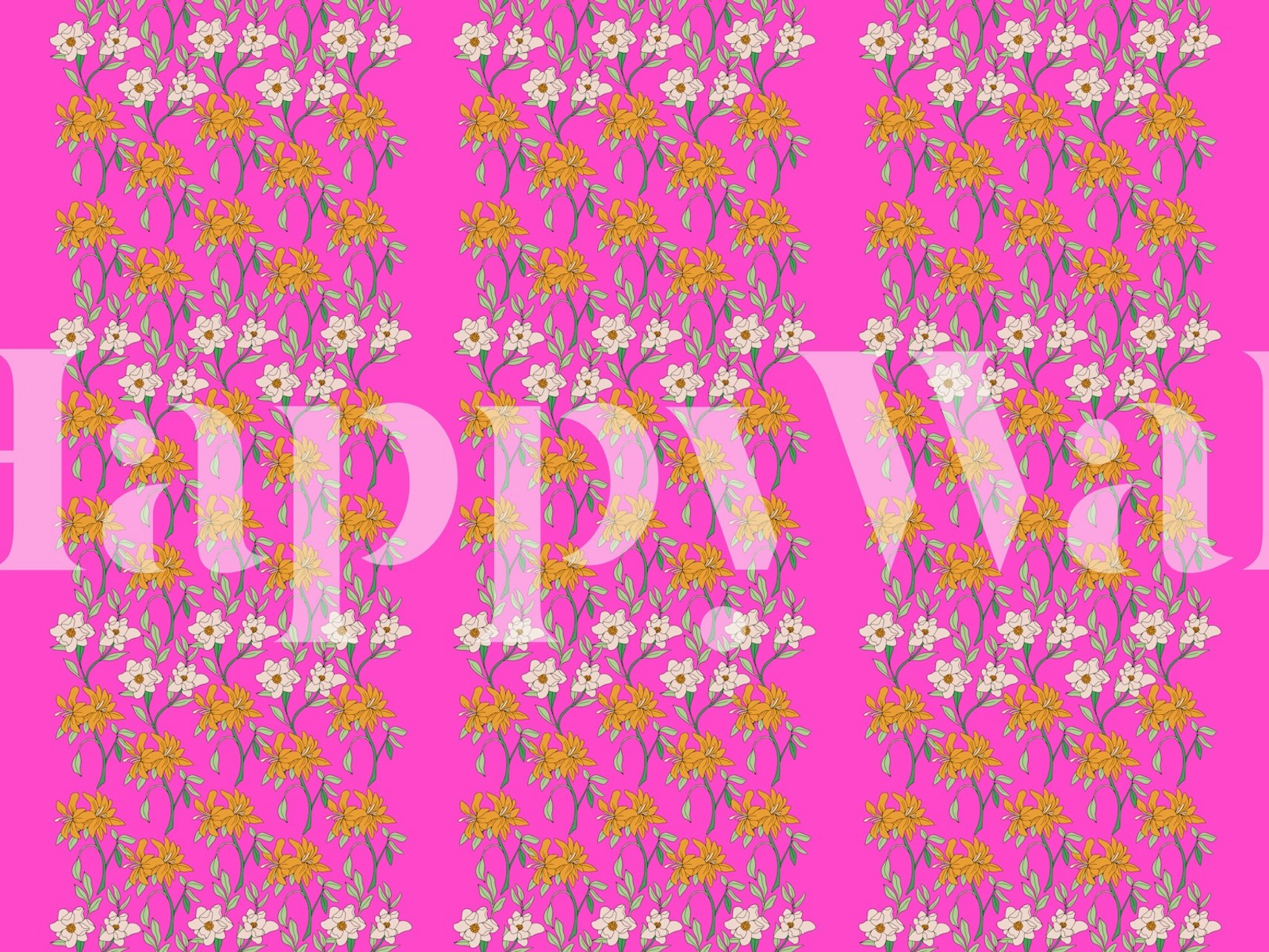 Floral design with orange and white flowers on neon pink striped wallpaper