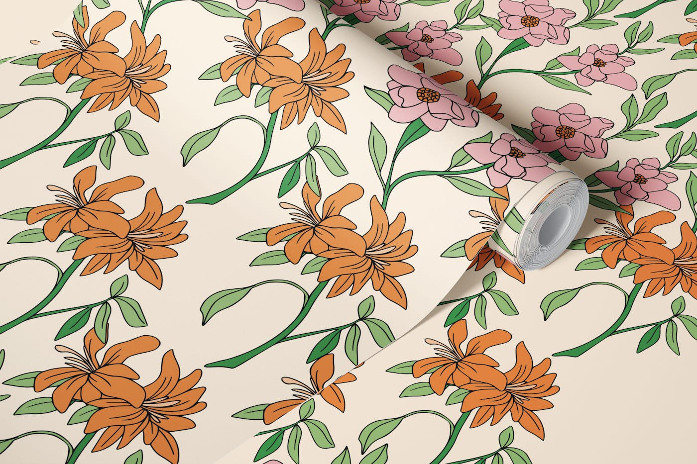 Pink Orange Floral Stripes wallpaper roll