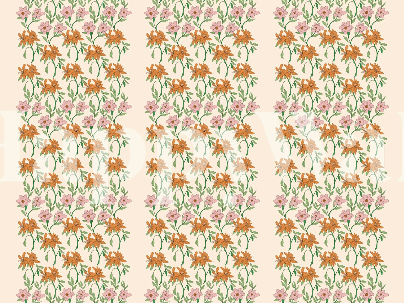 Pink and orange floral stripes on a cream background wallpaper