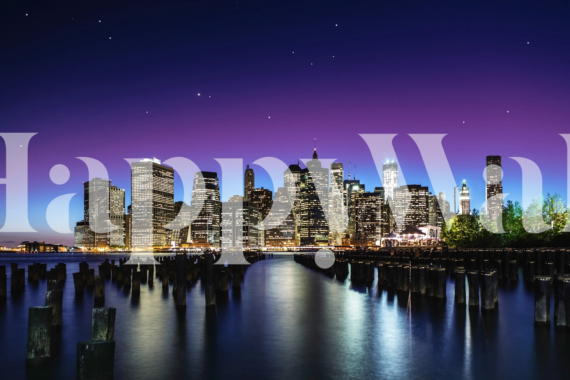 New York Citys skyline tapet med skymningsbakgrund och reflektion över vatten