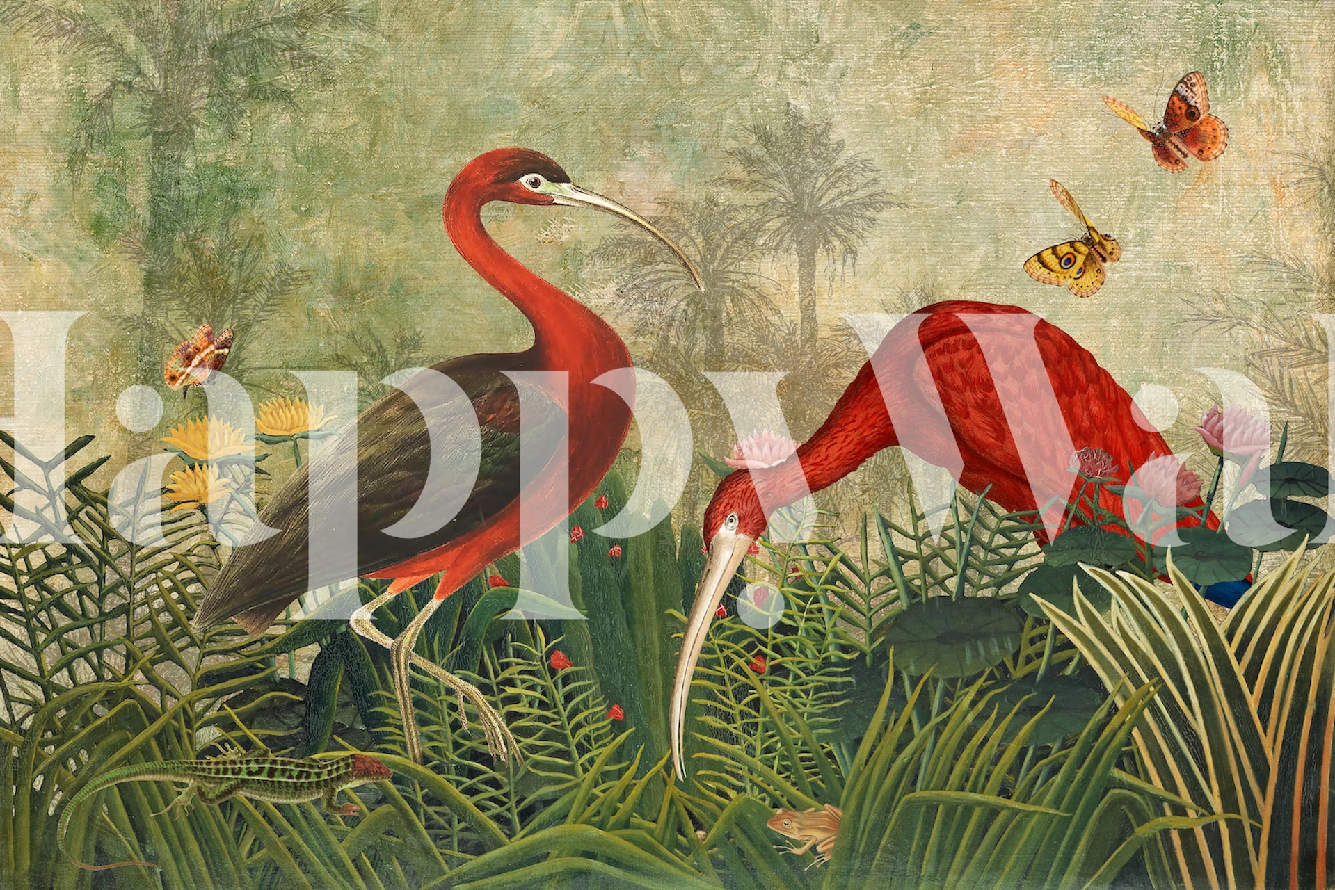 Vintage Tropical Early Birds Meadows behang in een kamer