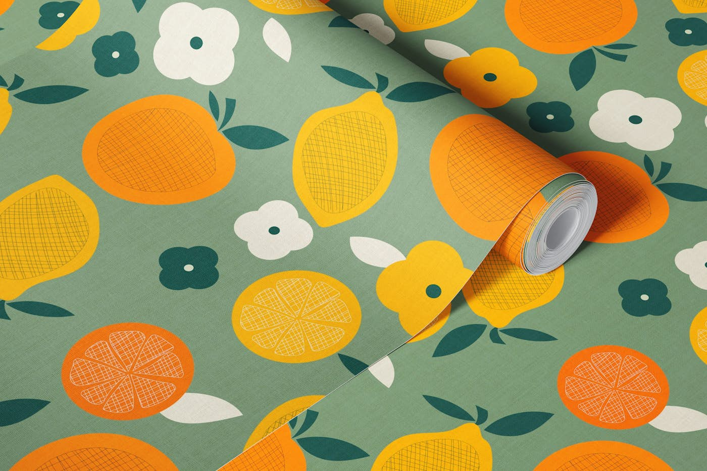 vitamins & fruits, mid century on sage green wallpaper roll