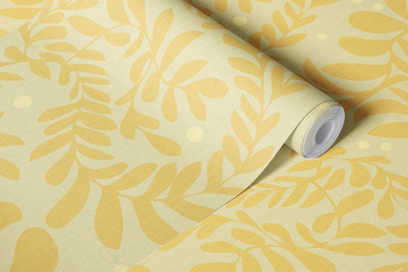 leaves swirls in light yellow wallpaper roll