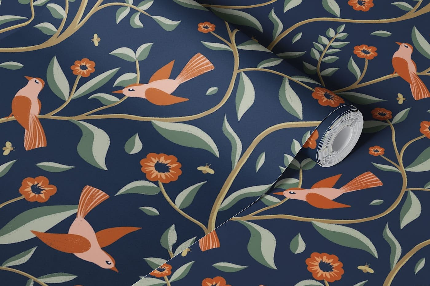 Night Birds Dark Navy Blue Orange wallpaper roll