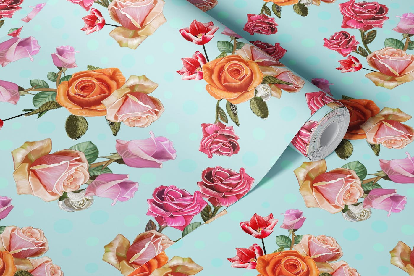 Heirloom roses and tulip pattern wallpaper roll