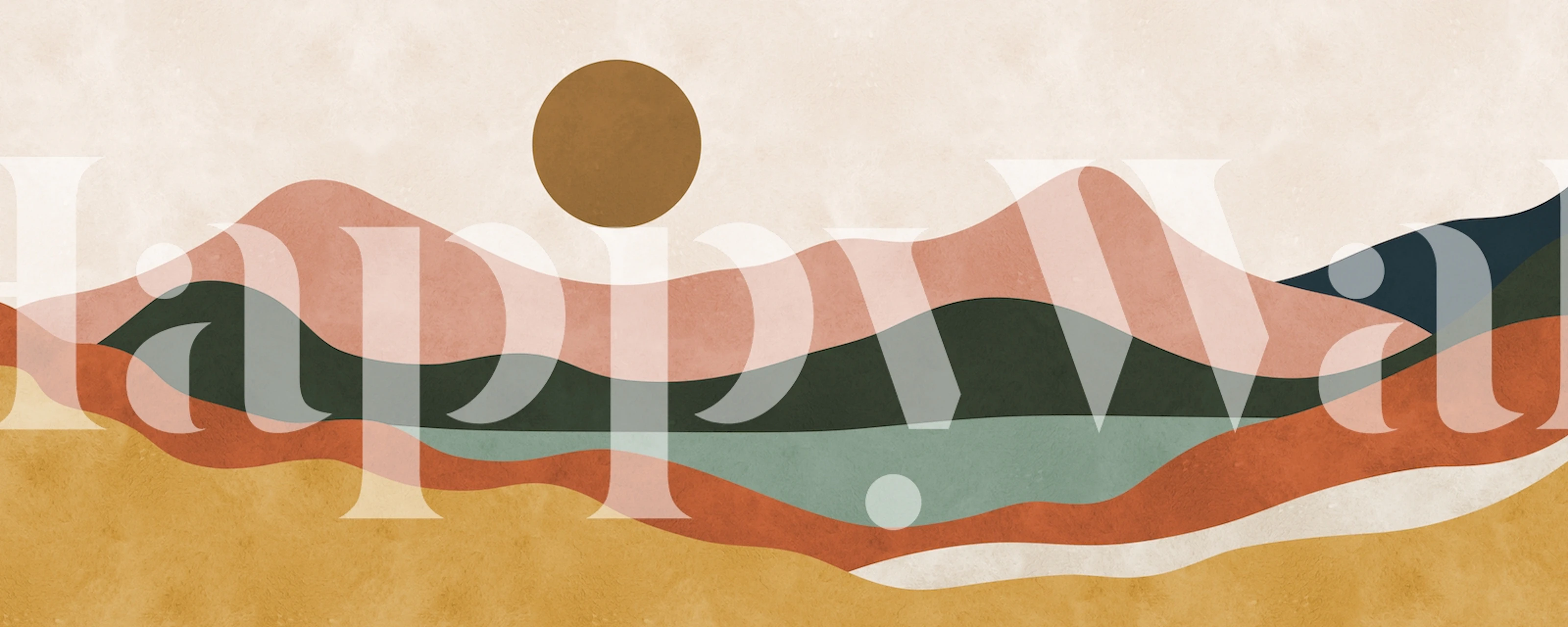 Abstract watercolor landscape in earth tones with wavy lines and a sun