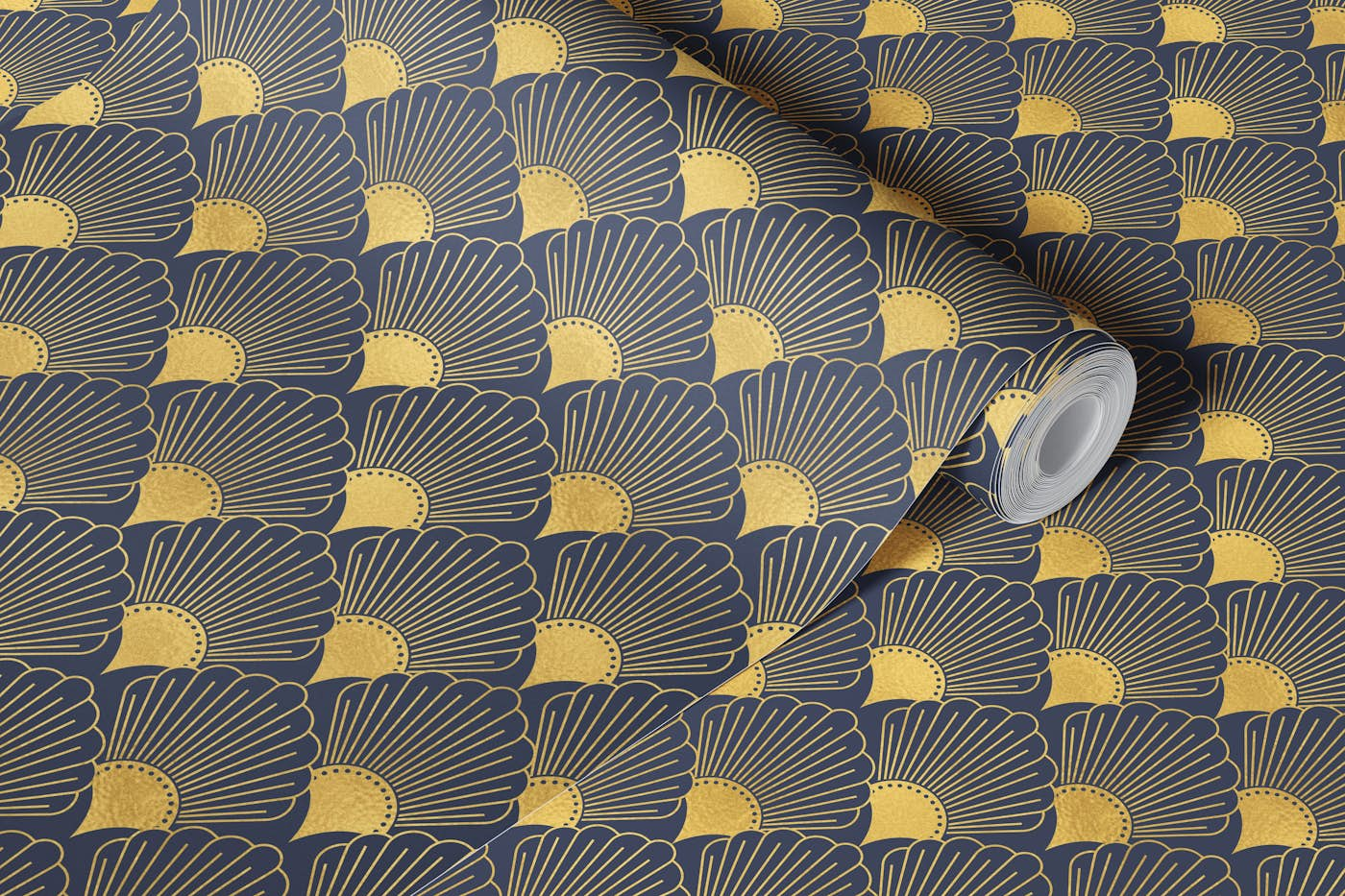 Art Deco Fans Navy Gold wallpaper roll