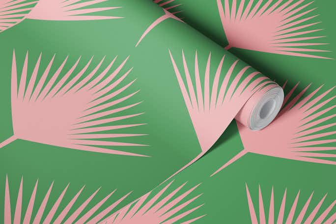 Abstract Modern Palm Leaves in Pink and Greenwallpaper roll