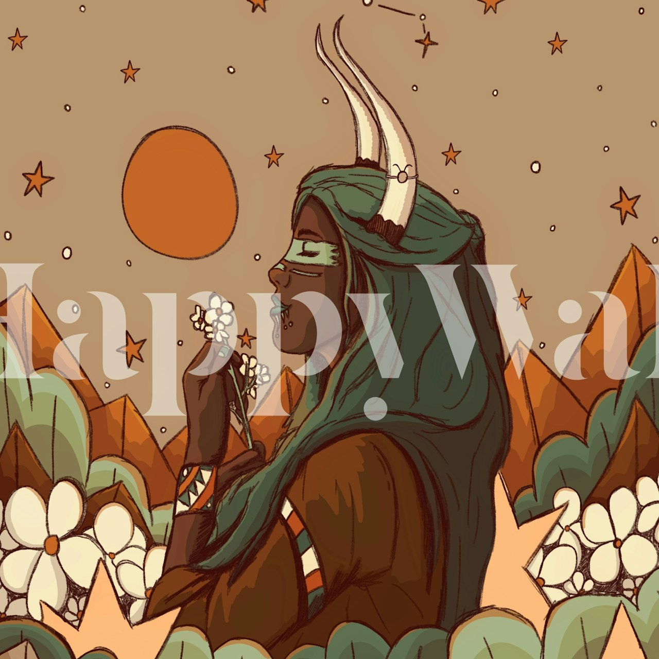 Taurus girl with floral accents and horned headdress, earthy colors wallpaper
