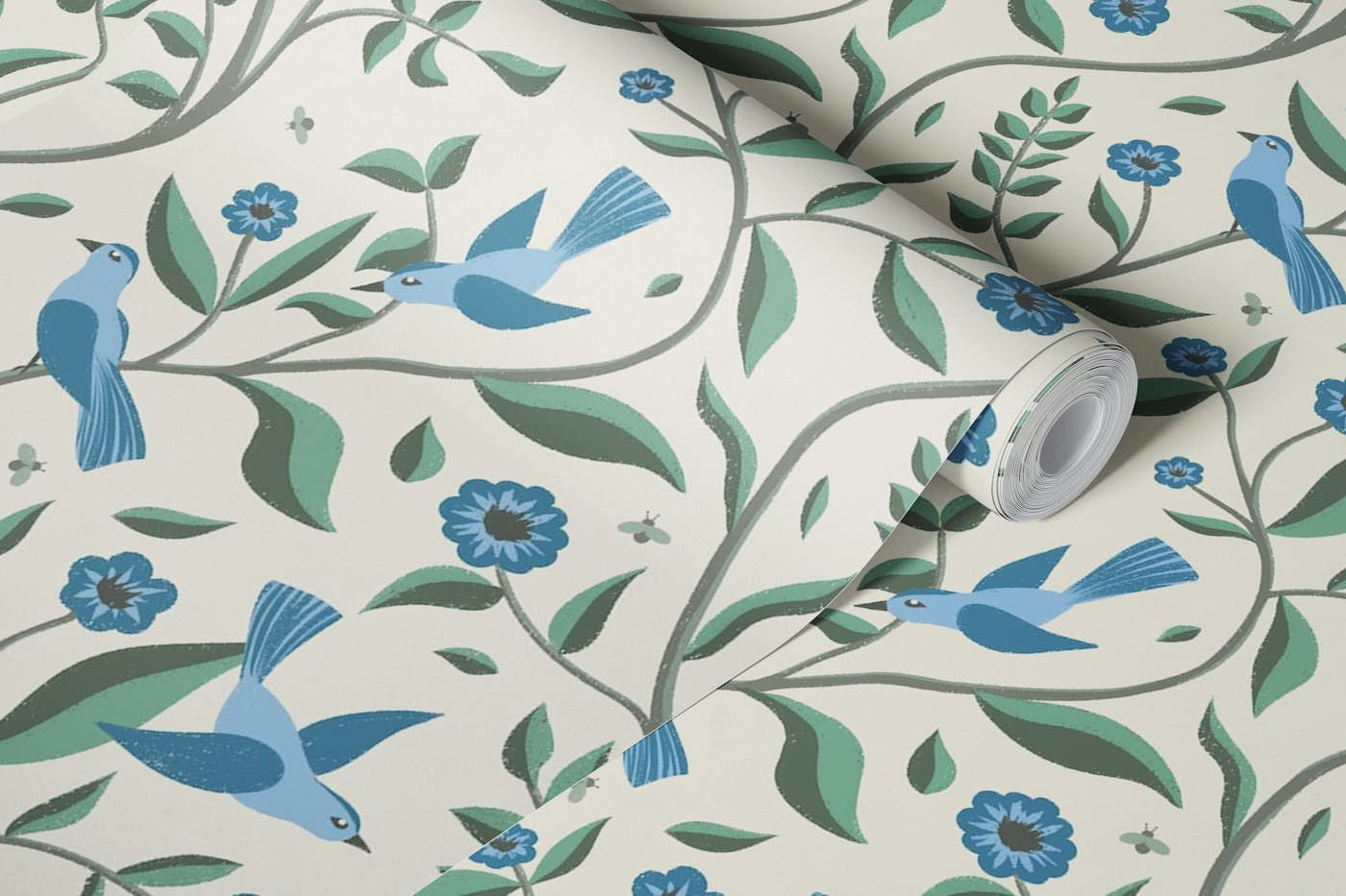 Forest Birds Blue Green Cream Spring wallpaper roll