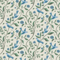 Forest Birds Blue Green Cream Spring tapete