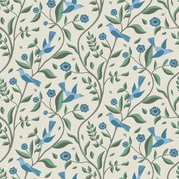 Forest Birds Blue Green Cream Spring