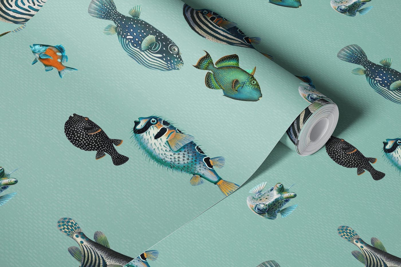 Acquario Fish pattern in duck egg blue wallpaper roll