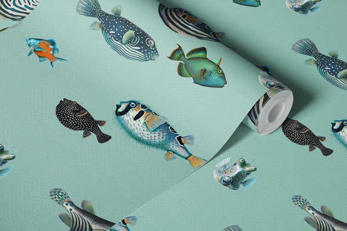 Acquario Fish pattern in duck egg bluewallpaper roll