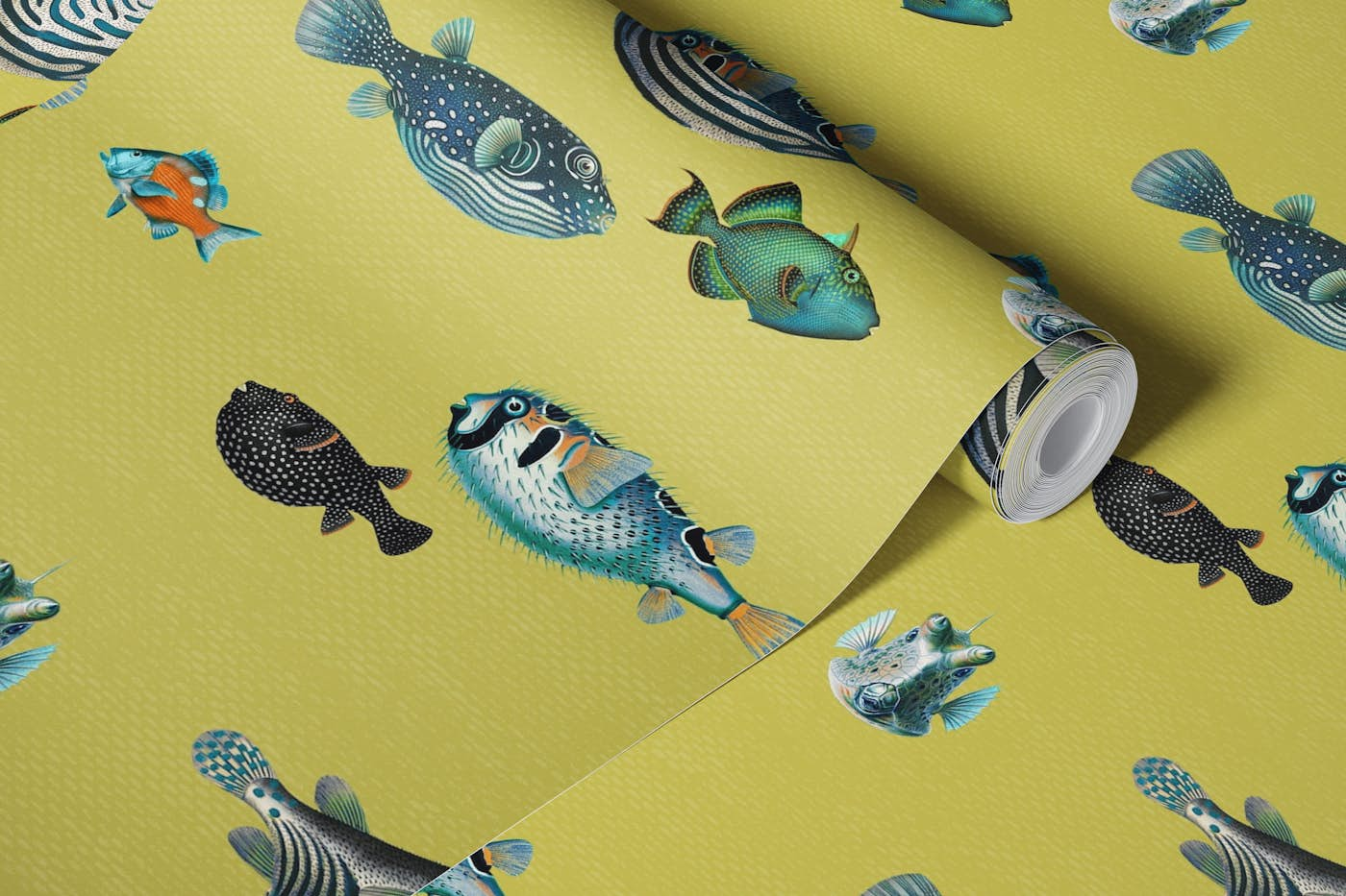 Acquario Fish pattern in lime green wallpaper roll