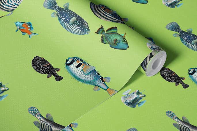 Acquario Fish pattern in apple greenwallpaper roll