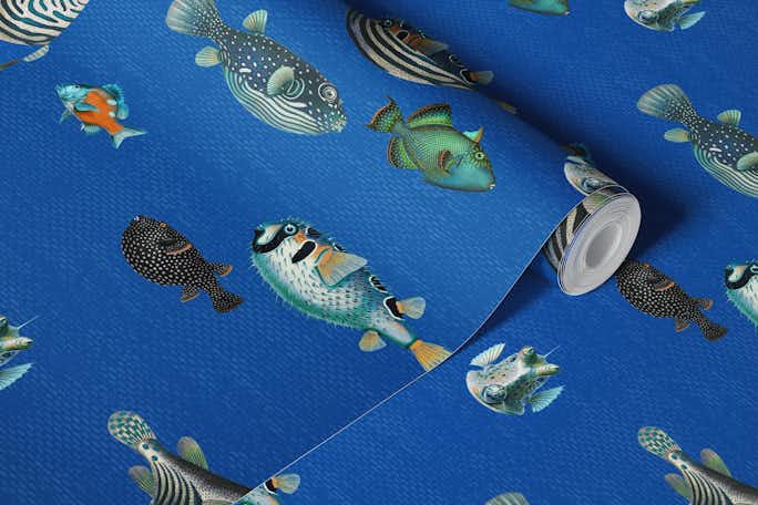 Acquario Fish pattern in cobalt bluewallpaper roll
