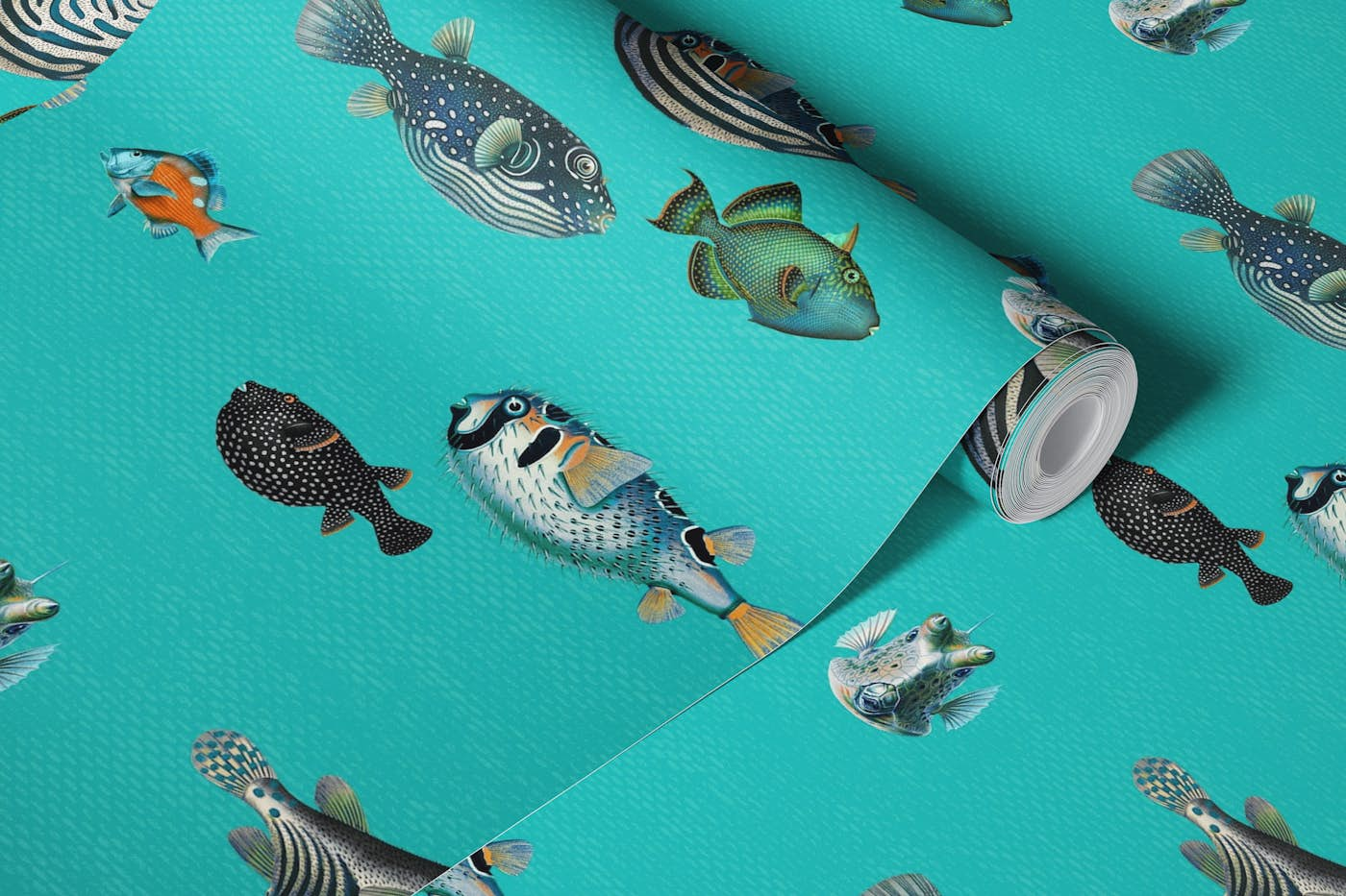 Acquario Fish pattern in turquoise blue wallpaper roll