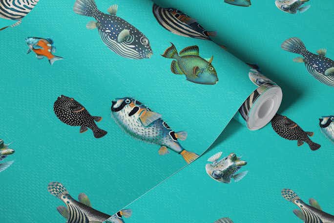 Acquario Fish pattern in turquoise bluewallpaper roll
