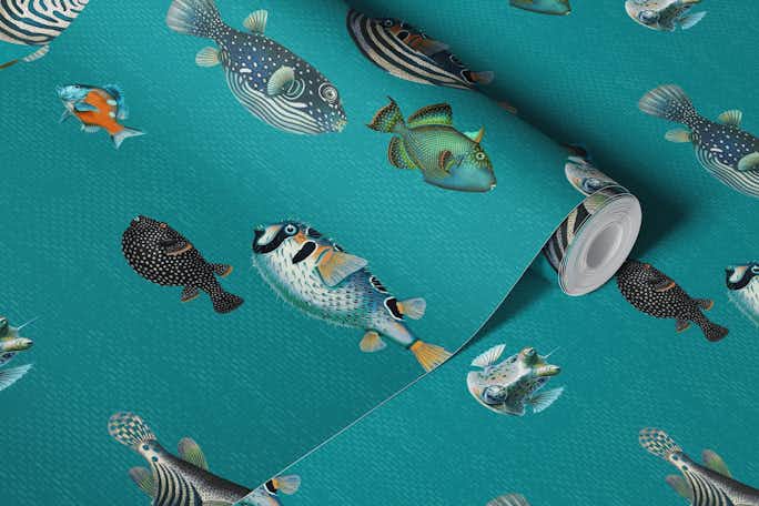 Acquario Fish pattern in teal bluewallpaper roll