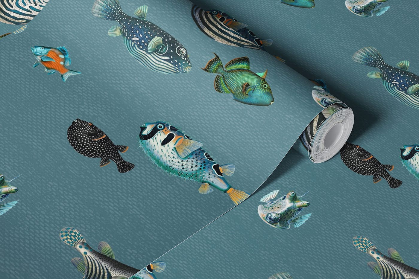 Acquario Fish pattern in slate blue wallpaper roll