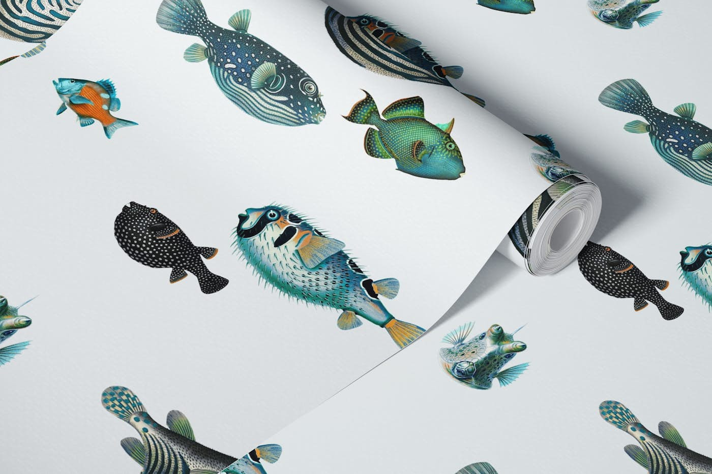 Acquario Fish pattern in stone white wallpaper roll