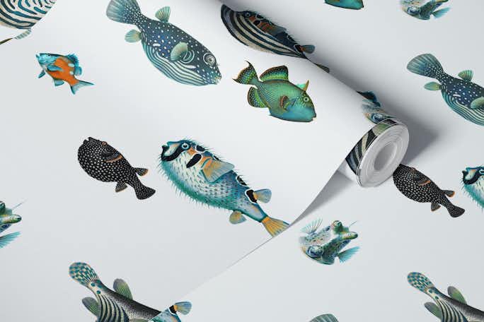 Acquario Fish pattern in stone whitewallpaper roll