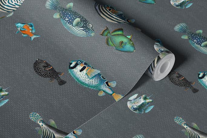 Acquario Fish pattern in dark greywallpaper roll