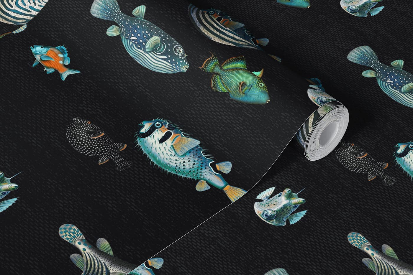 Acquario Fish pattern in black wallpaper roll