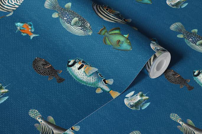 Acquario Fish pattern in marine bluewallpaper roll