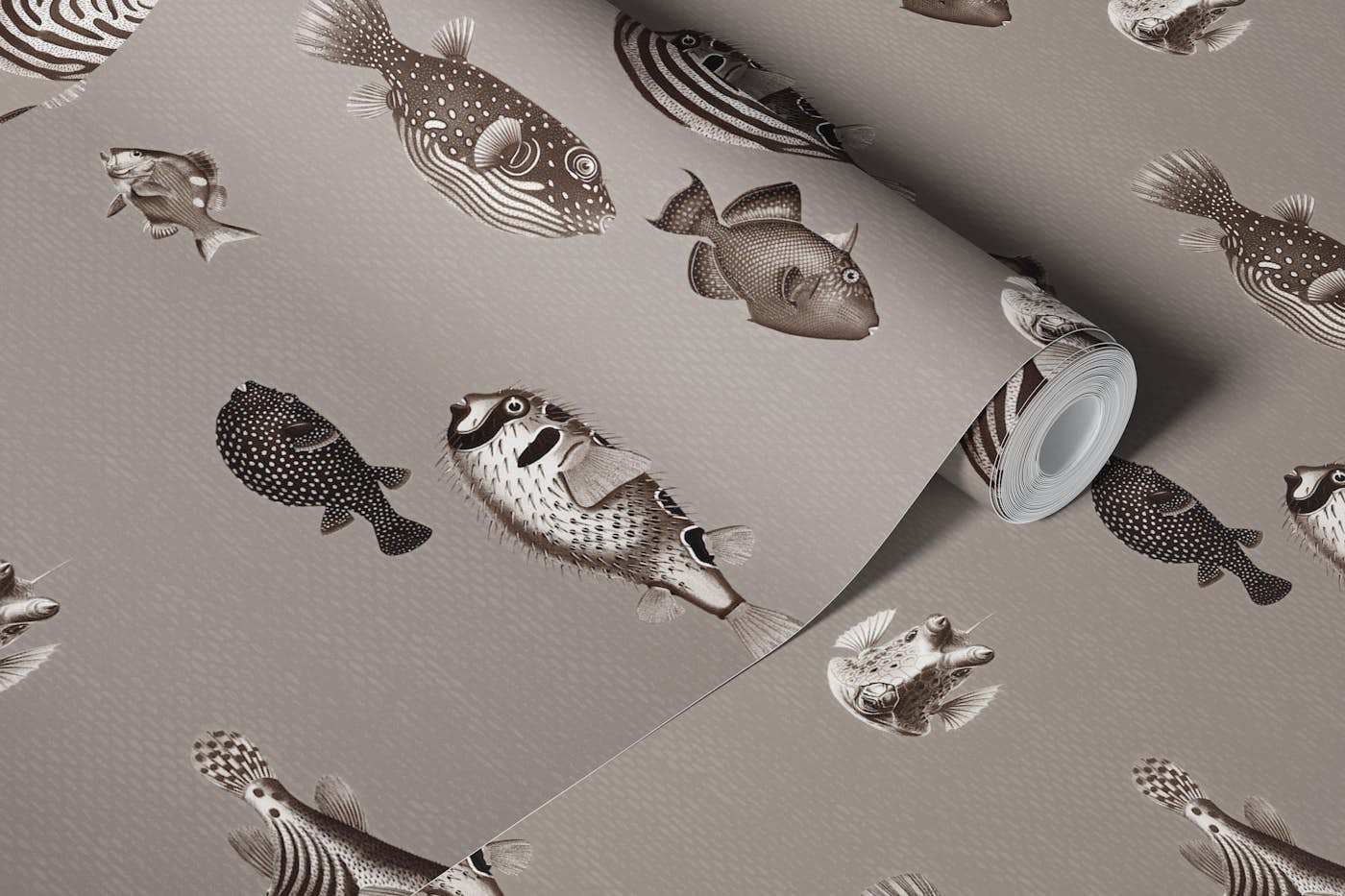 Acquario Fish pattern neutral taupe beige wallpaper roll