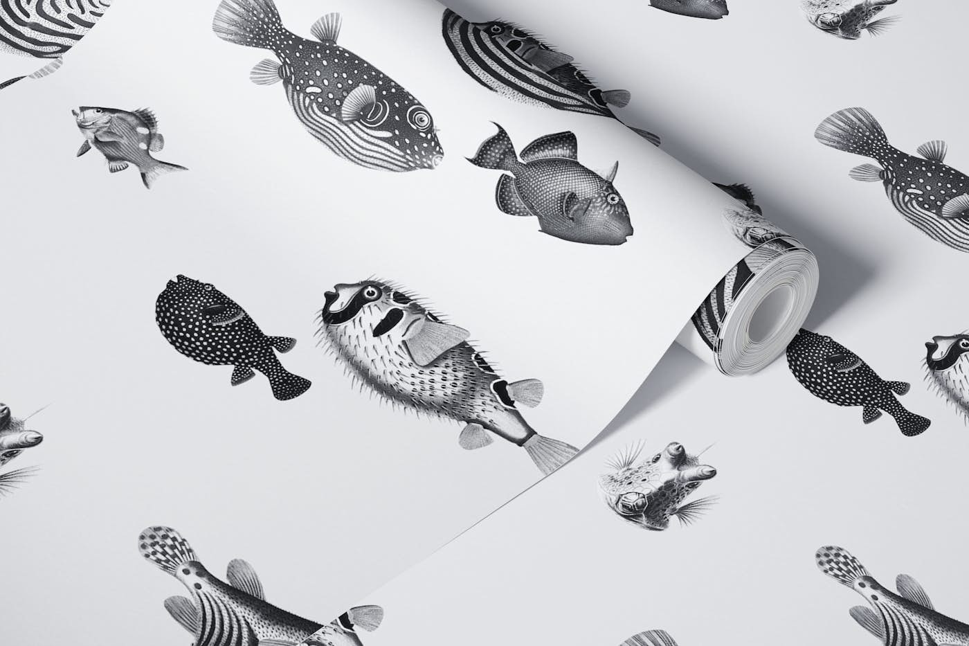 Acquario Fish pattern in black and white wallpaper roll