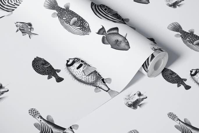 Acquario Fish pattern in black and whitewallpaper roll