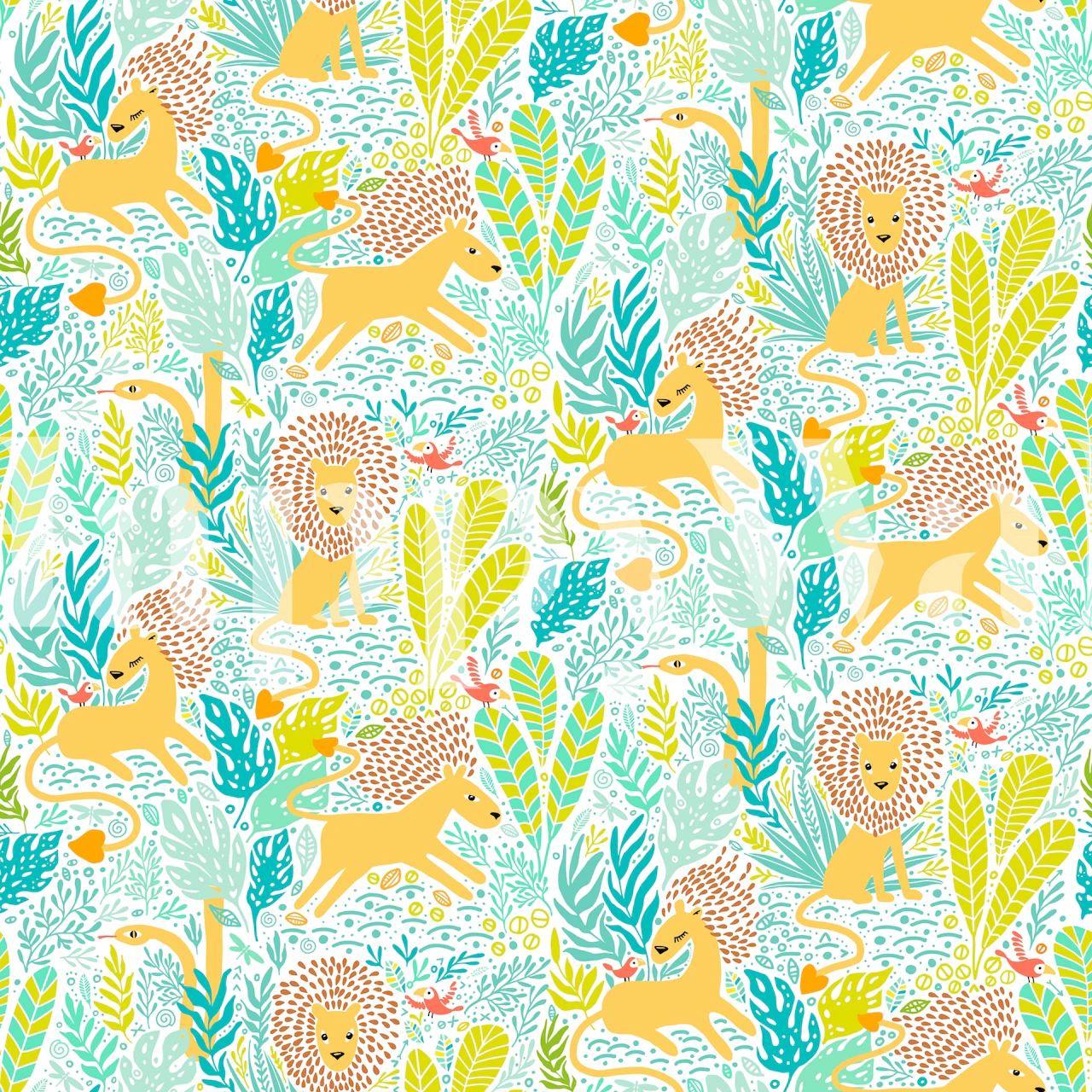 Colorful lion and parrot wallpaper featuring yellow lions and blue tropical leaves