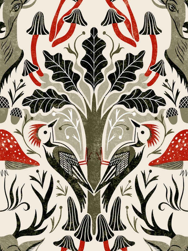 woodpecker oaktree deer damask