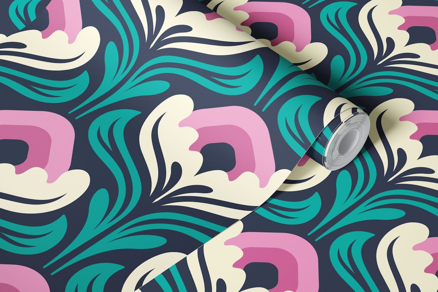 Abstract blossoms, teal pink / 3005 D wallpaper roll