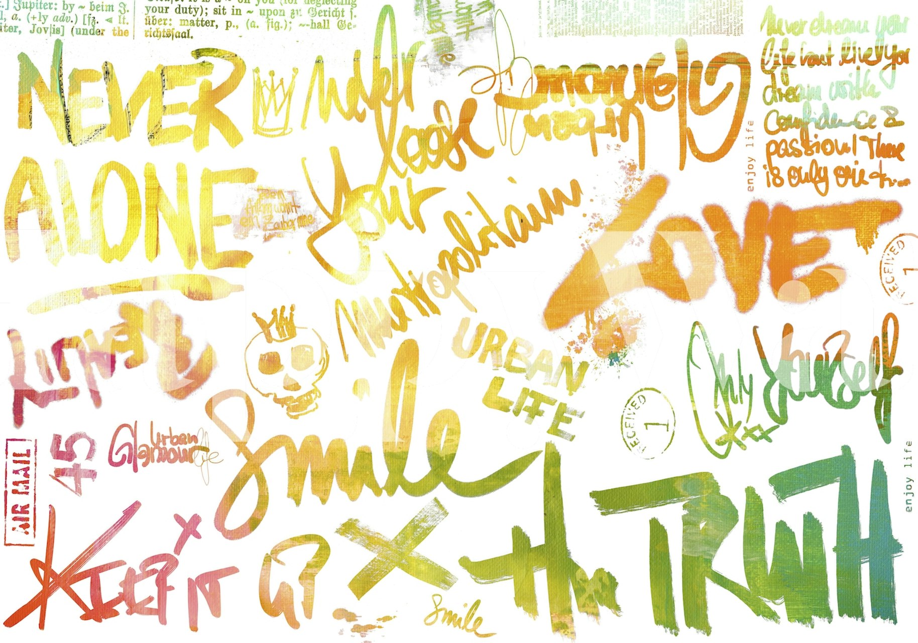 Colorful urban street style typography wall mural with mixed fonts and messages