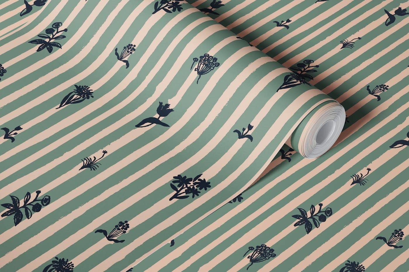 Stripes floral sage green wallpaper roll